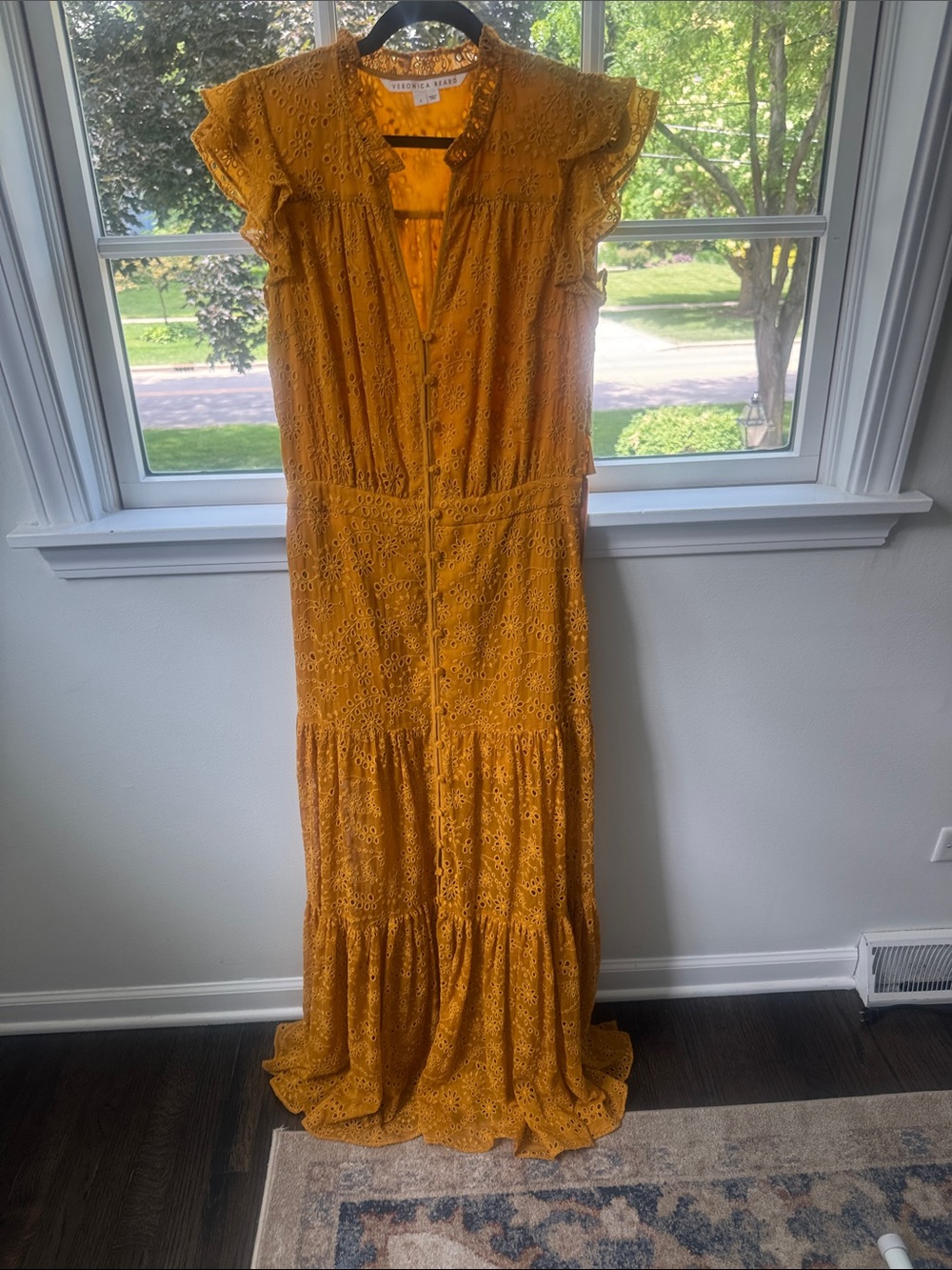 Veronica Beard Mustard Eyelet Tiered Maxi Dress